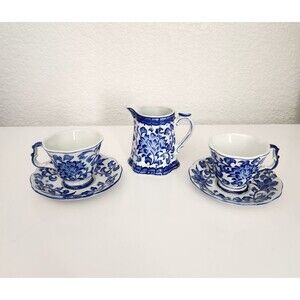 5 Pc Vtg Andrea by Sadek Chinese Handpainted Lotus Blue/White Creamer  Cups Set